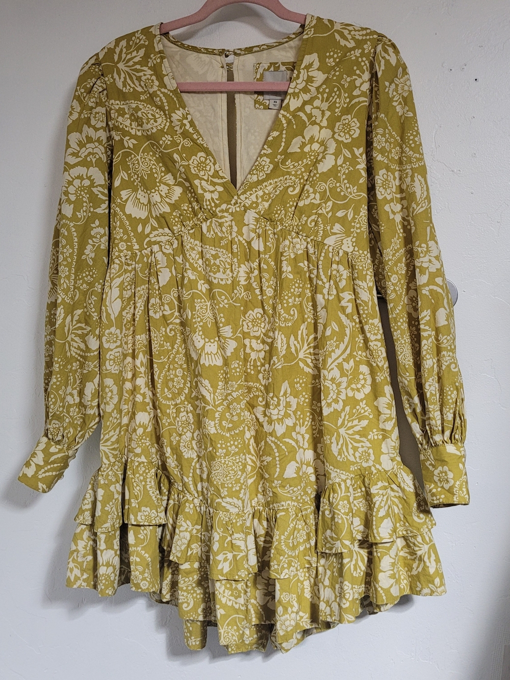 Maeve Mustard Yellow Floral V-Neck Ruffle Mini Dress